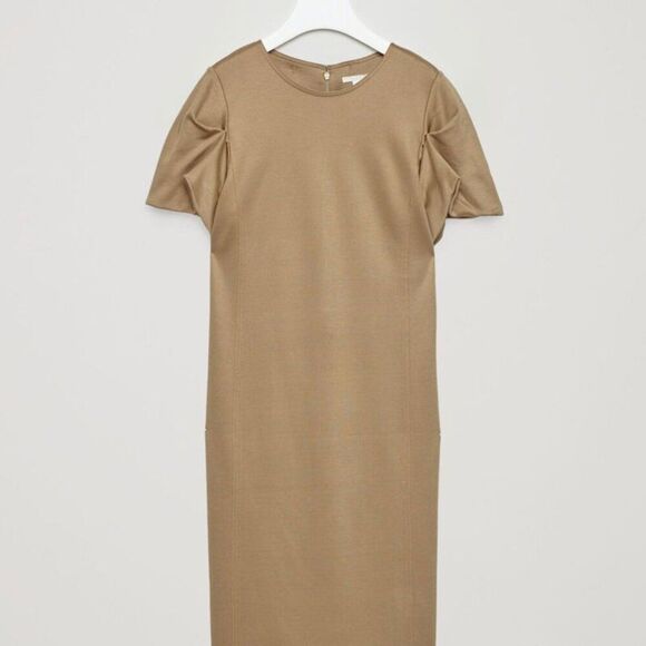 COS Tan Sheath Short Puff Sleeve Midi Dress - Picture 3 of 8